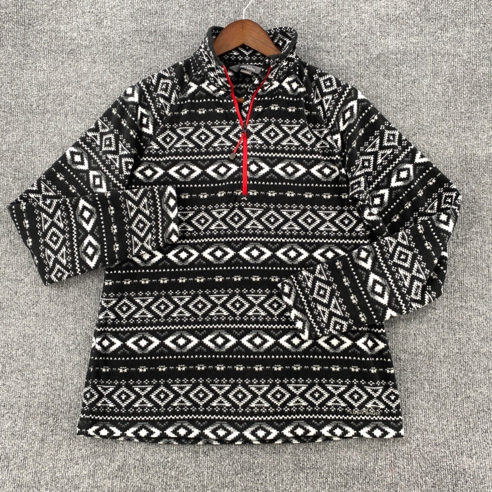 Eddie Bauer Fleece Pullover Women Large Black White Fair Isle Quarter Zip Cabin